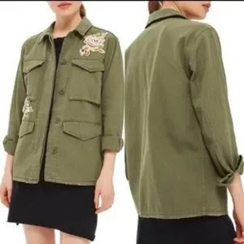 Topshop Floral Embroidered Patch Utility Jacket Army Green Twill Field Women 4